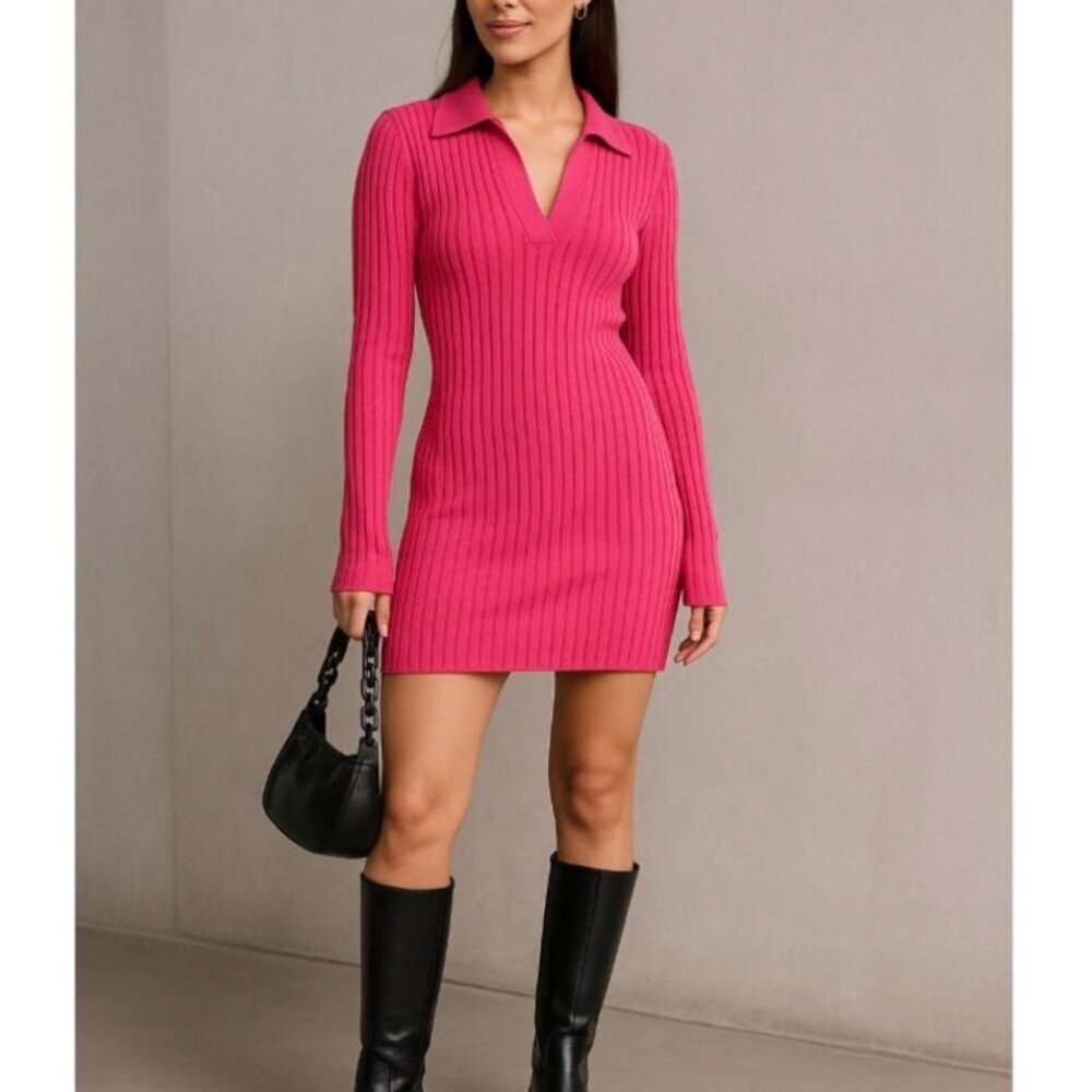 Helmut Lang Hot Pink Ribbed Polo V Neck Mini Dress M